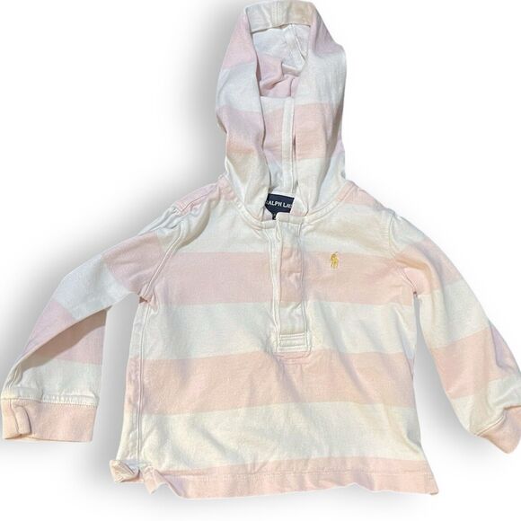 Ralph Lauren Hoodie Sweatshirt Baby Girls 18 Months Pink White Henley Casual - Picture 2 of 7